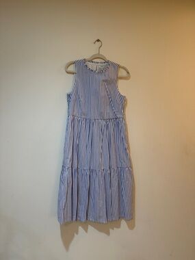 J. Crew Blue & White Vertical Stripe Sleeveless Tiered Midi Dress